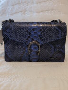 Designer Navy Python-Embossed Chain Shoulder Bag